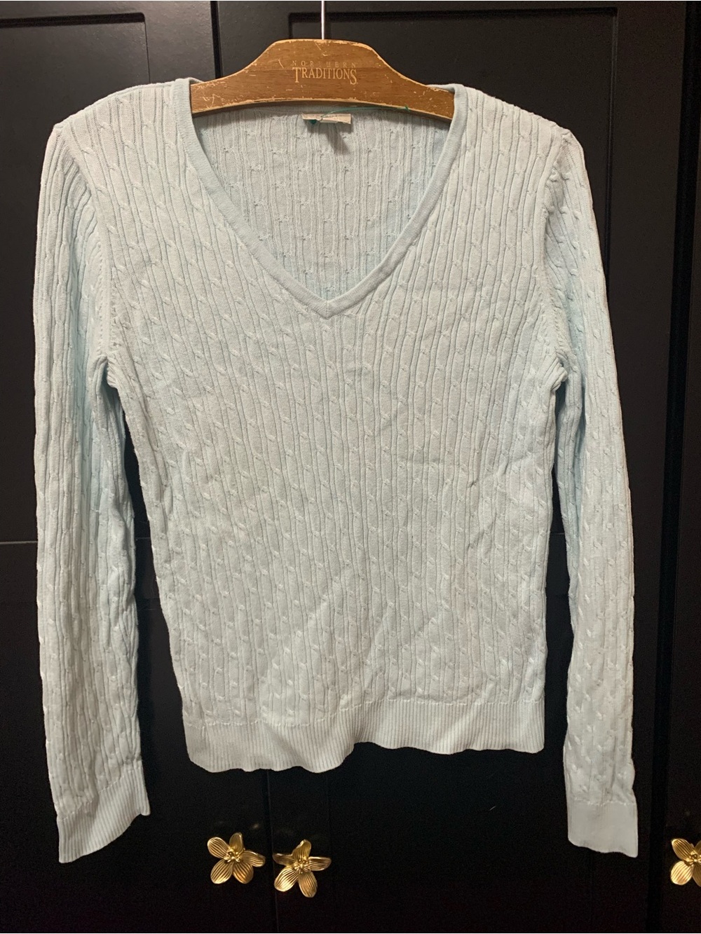 Talbots Light Blue Cable‑Knit V‑Neck Sweater cotton preppy chic fall essentials